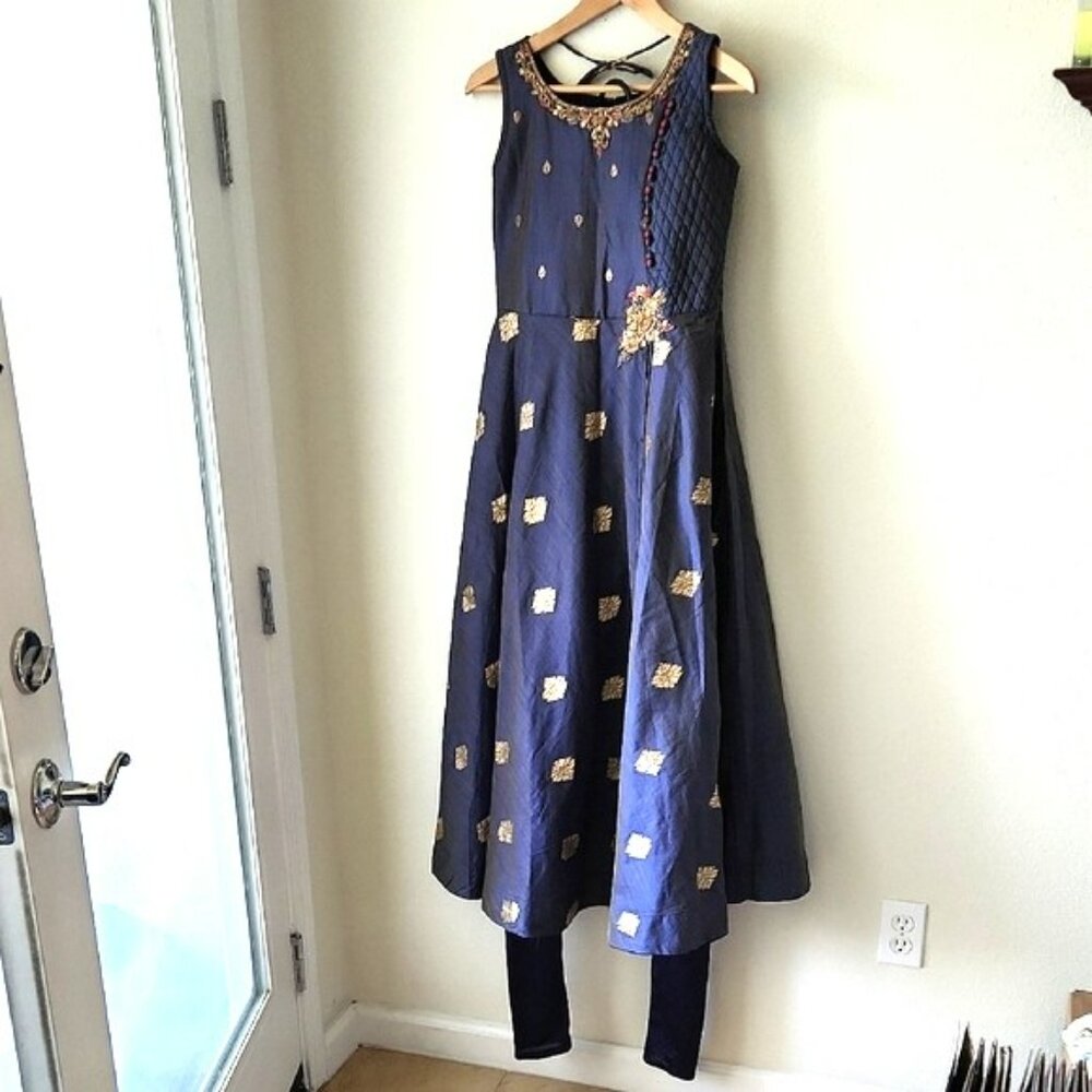 Elegant Navy & Gold Maxi Dress Kurta Set Sz S beaded & embroidery w/ red accents